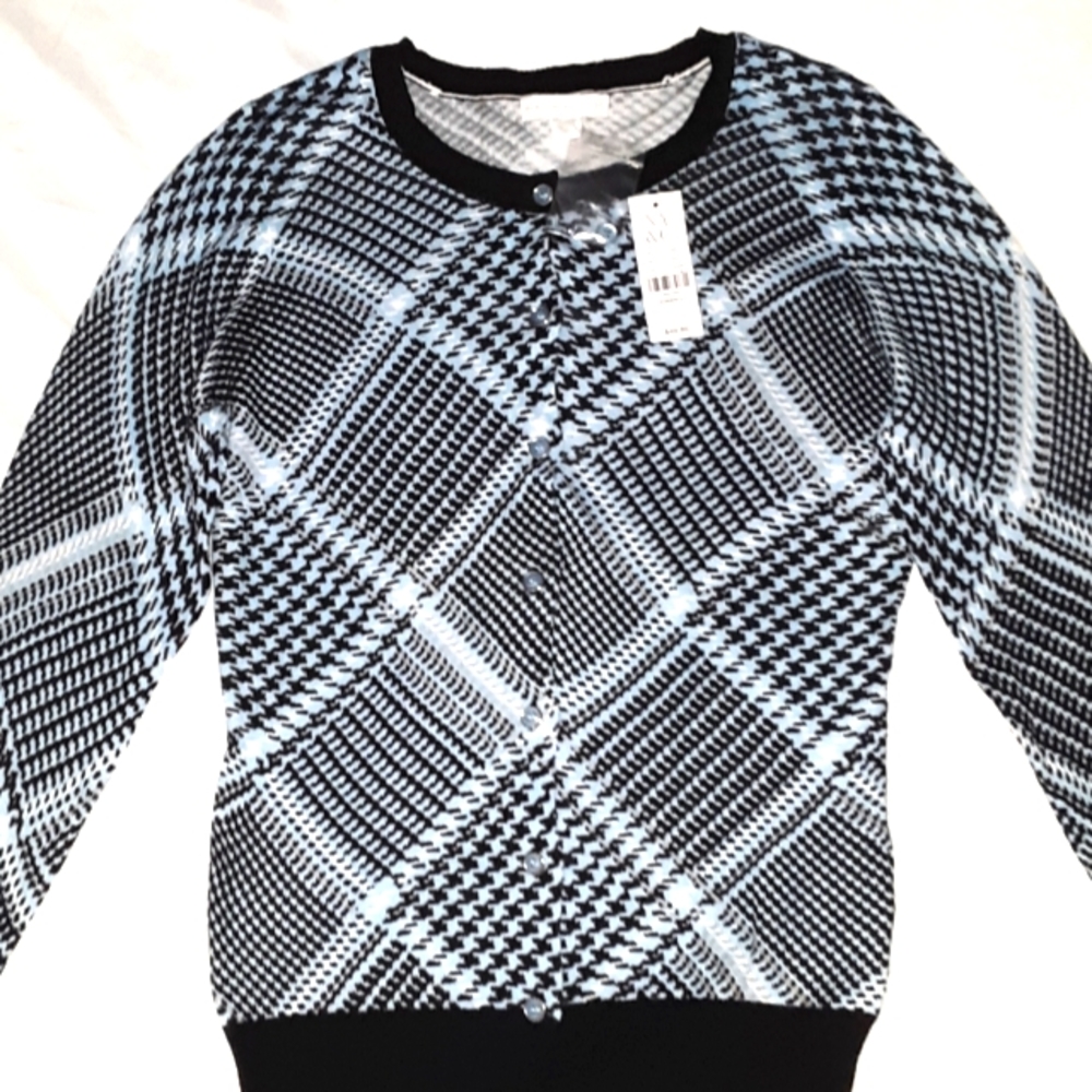 New York & Company Blue Geometric Pattern Cardigan XS